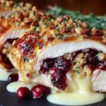 Close-up of Cranberry Brie Stuffed Chicken with melted brie oozing out and crispy herb breadcrumb topping.