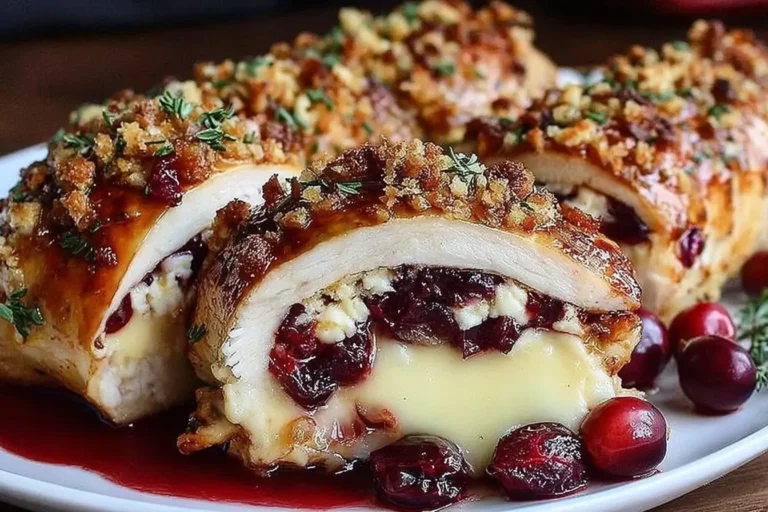 Cranberry Brie Stuffed Chicken sliced to show creamy brie, tart cranberries, and a crispy golden breadcrumb topping.