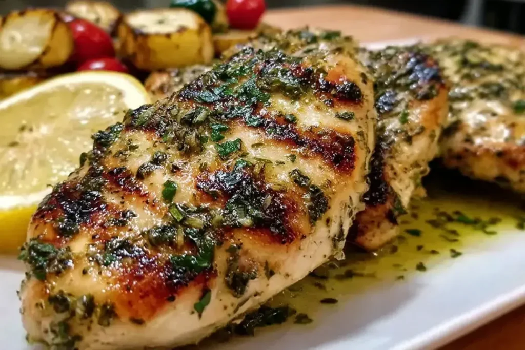 Juicy Mediterranean Herb Crusted Grilled Chicken with fresh lemon and herbs on a white plate.