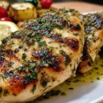 Juicy Mediterranean Herb Crusted Grilled Chicken with fresh lemon and herbs on a white plate.