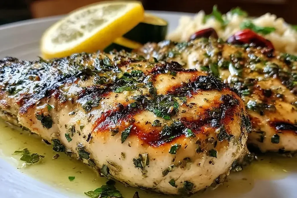 Mediterranean Herb Crusted Grilled Chicken with lemon slices and herbs served on a plate.