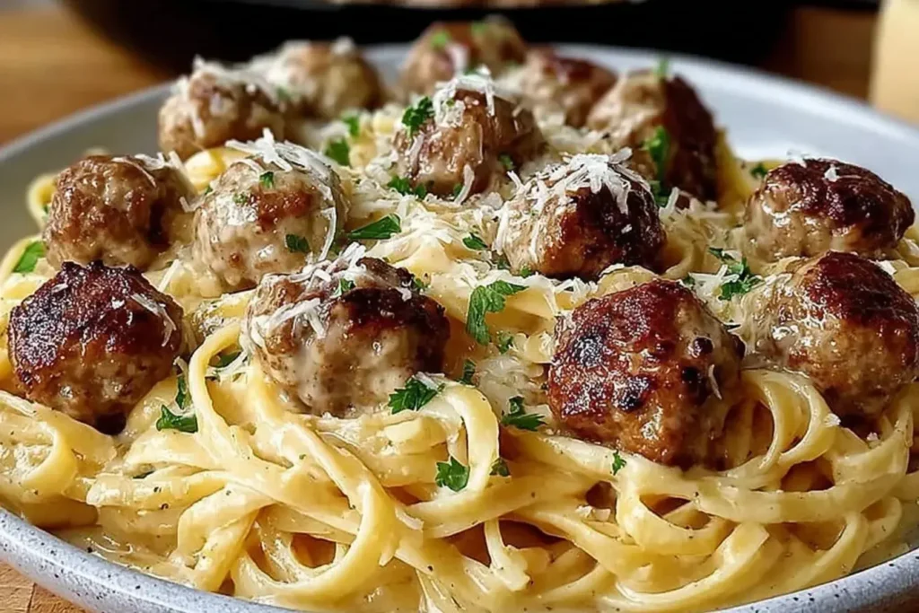 Plate of Parmesan Linguine and Garlic Butter Meatballs coated in creamy sauce and garnished with parsley and Parmesan.