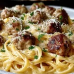 Plate of Parmesan Linguine and Garlic Butter Meatballs coated in creamy sauce and garnished with parsley and Parmesan.