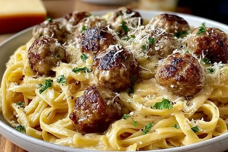 Bowl of Parmesan Linguine and Garlic Butter Meatballs topped with fresh parsley and grated Parmesan cheese.