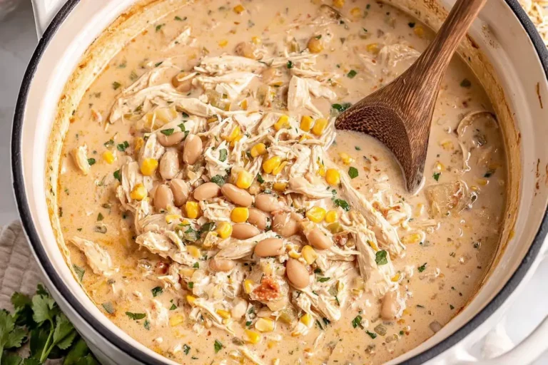 Creamy White Chicken Chili with shredded chicken, corn, beans, and spices in a pot.