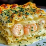 Garlic Butter Shrimp Scampi Lasagna slice with creamy white sauce, tender shrimp, and melted cheese, topped with fresh parsley.