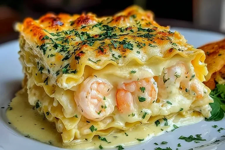 Garlic Butter Shrimp Scampi Lasagna slice with creamy white sauce, tender shrimp, and melted cheese, topped with fresh parsley.