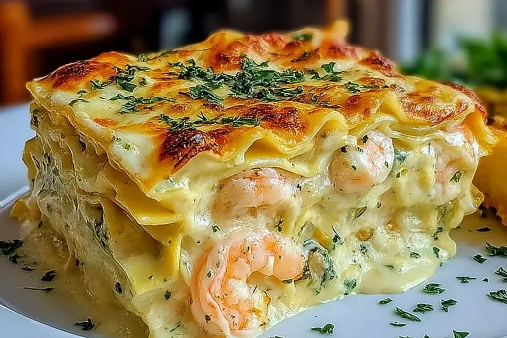 Garlic Butter Shrimp Scampi Lasagna with layers of pasta, creamy white sauce, shrimp, and melted cheese, garnished with parsley.