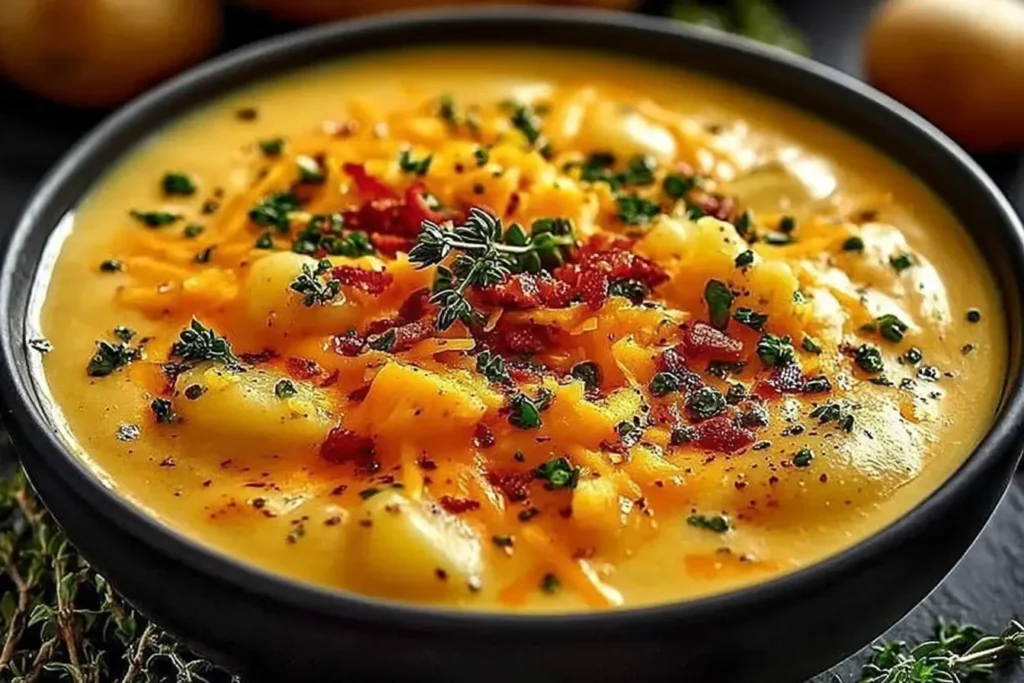 Cheddar Garlic Herb Potato Soup topped with crispy bacon, shredded cheddar cheese, and fresh herbs in a black bowl.