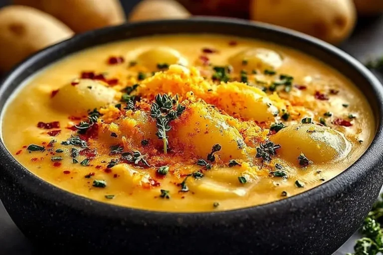 Cheddar Garlic Herb Potato Soup in a black bowl topped with fresh herbs, shredded cheese, and red pepper flakes