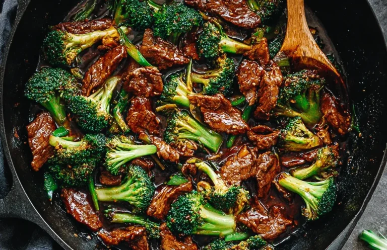 Chinese Beef and Broccoli stir-fry with tender beef slices, fresh broccoli florets, and savory sauce in a black skillet.