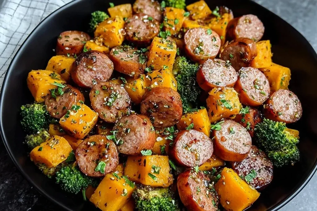 Sheet pan sausage and sweet potatoes with honey garlic sauce served with broccoli, garnished with herbs on a black plate.