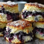 Fluffy blueberry biscuits filled with cream and juicy blueberries, dusted with powdered sugar