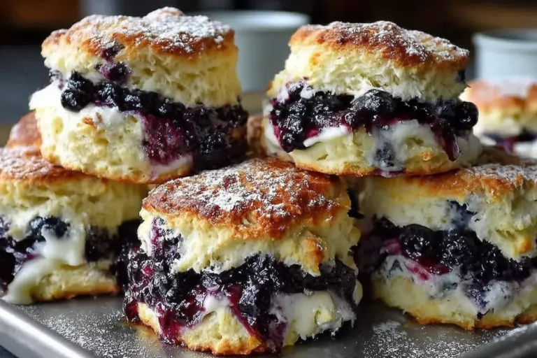 Fluffy blueberry biscuits filled with cream and juicy blueberries, dusted with powdered sugar
