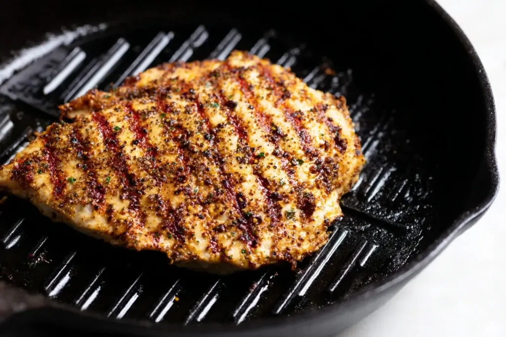 Seasoned Cuban chicken breast grilling in a cast iron pan for Pollo a la Plancha.