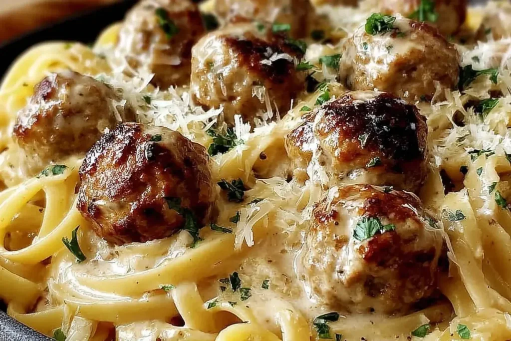 Close-up of creamy Parmesan Linguine and Garlic Butter Meatballs topped with fresh parsley and grated Parmesan cheese.