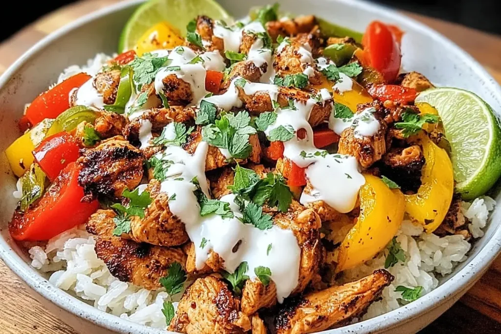 Chicken Fajita Rice Bowls with grilled chicken, colorful peppers, cilantro, lime, and creamy sauce over fluffy rice.