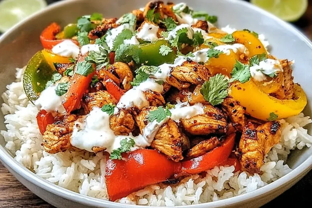 Chicken Fajita Rice Bowls with grilled chicken, colorful bell peppers, cilantro, and creamy sauce over white rice.