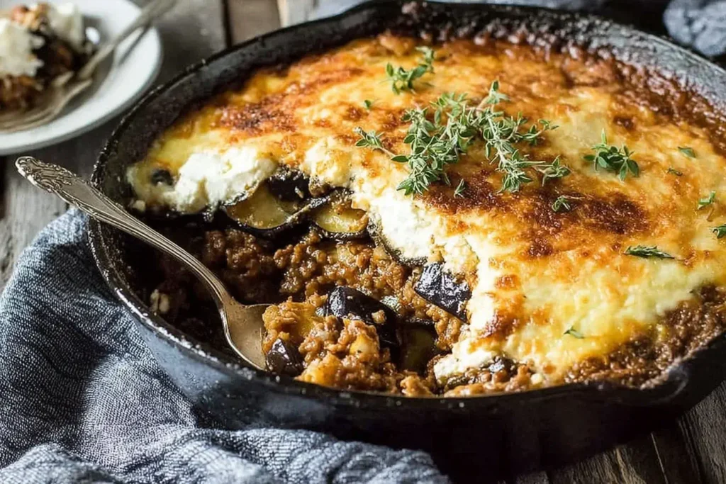 Freshly baked Greek Moussaka in a cast-iron skillet with golden béchamel topping and savory meat filling.