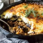 Freshly baked Greek Moussaka in a cast-iron skillet with golden béchamel topping and savory meat filling.