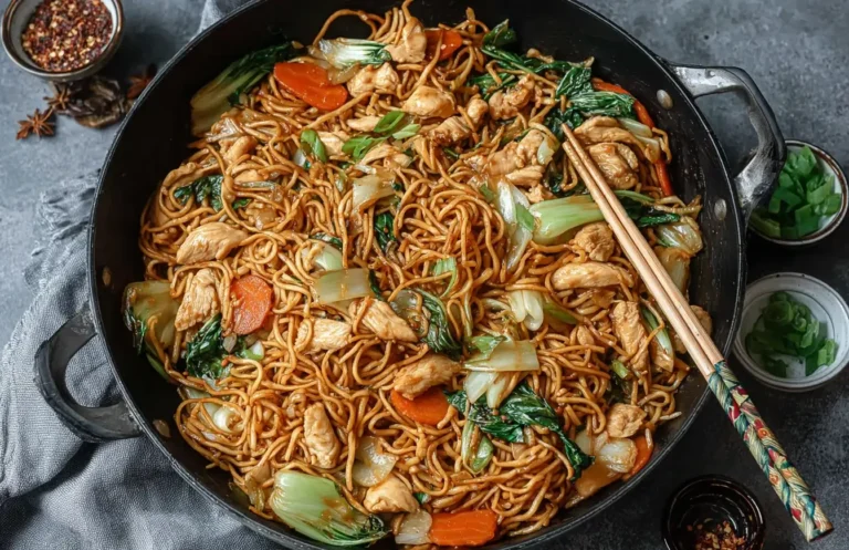 Chicken chow mein stir-fry with noodles, bok choy, carrots, and tender chicken in a savory sauce.