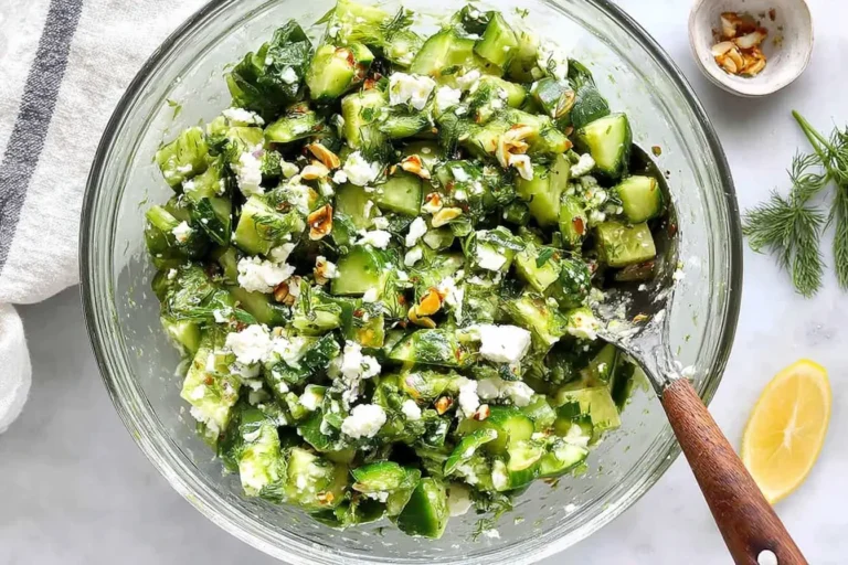 Fresh smashed cucumber salad with feta, herbs, and pistachios in a glass bowl.