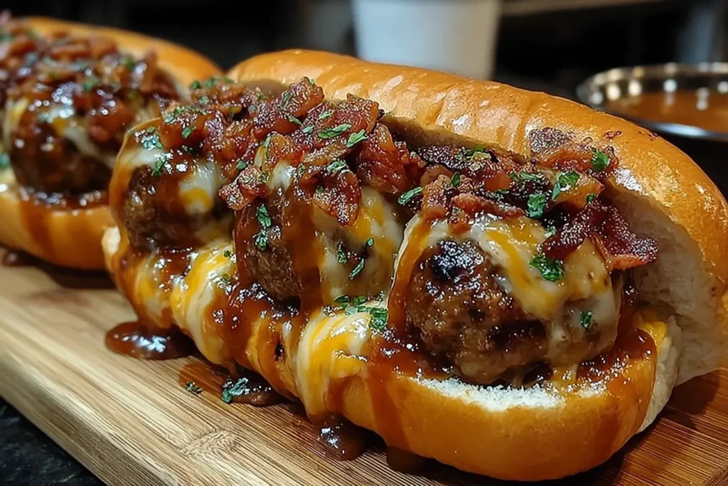 Toasted sub roll filled with Bourbon BBQ Bacon Cheeseburger Meatballs, melted cheese, crispy bacon, and fresh herbs on a wooden board.