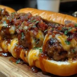Toasted sub roll filled with Bourbon BBQ Bacon Cheeseburger Meatballs, melted cheese, crispy bacon, and fresh herbs on a wooden board.