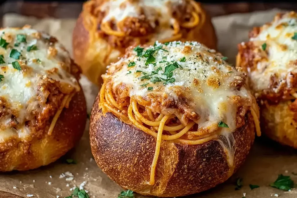 Spaghetti Garlic Bread Bowls filled with saucy pasta and topped with melted mozzarella and fresh parsley.