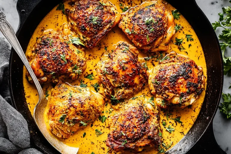 Golden-brown Nigella Lawson Chicken Thighs simmering in creamy garlic sauce in a cast iron skillet.