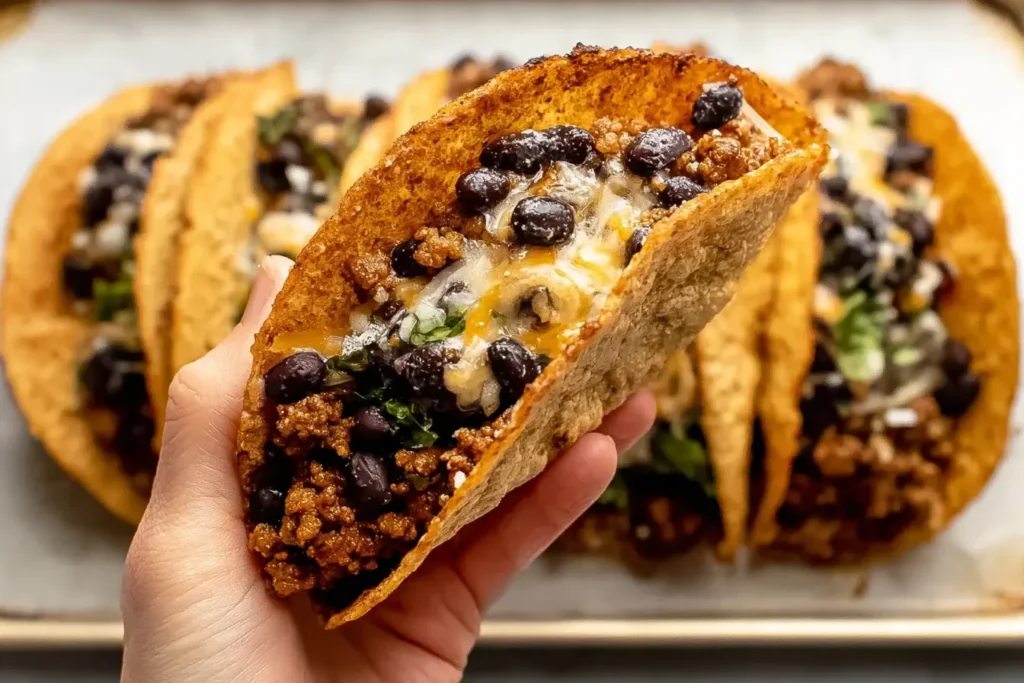 Crispy Baked Ground Turkey Tacos filled with black beans, cheese, and fresh cilantro.