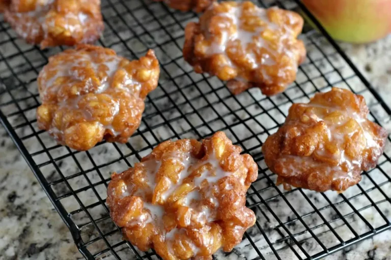 Freshly glazed apple fritters cooling on a wire rack, golden brown with chunks of apple.