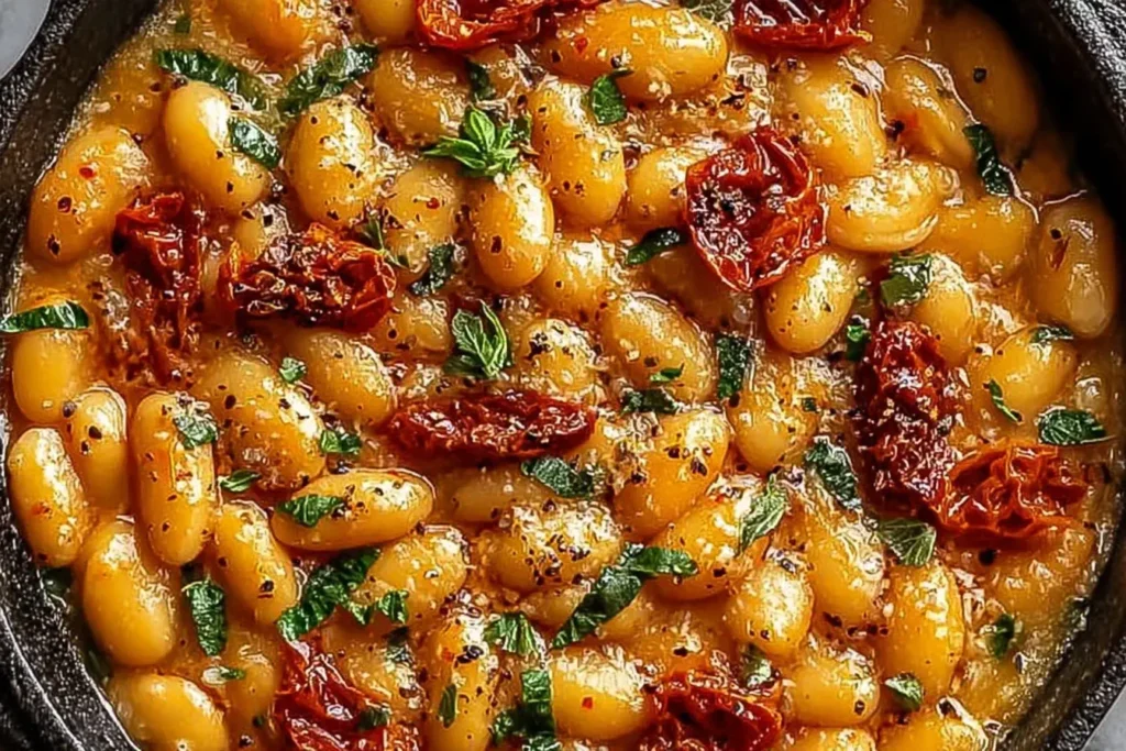 Creamy Tuscan Marry Me Butter Beans with sun-dried tomatoes and fresh herbs in a skillet