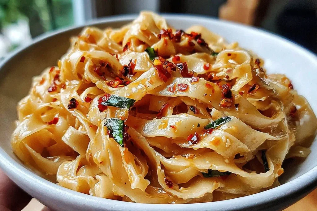 Close-up of Garlic Chilli Noodles topped with red chilli flakes and fresh herbs in a white bowl.