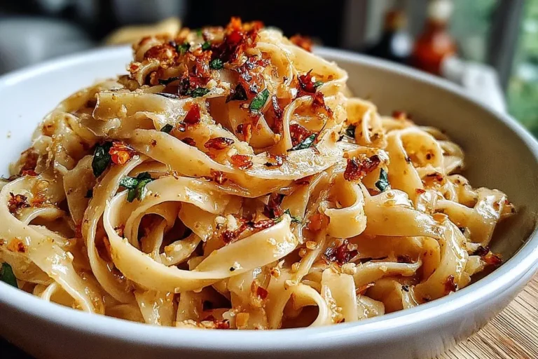 Close-up of Garlic Chilli Noodles garnished with crispy garlic, red chilli flakes, and fresh herbs in a white bowl.