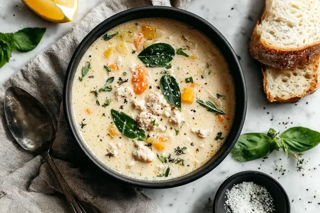 Creamy Italian Ground Chicken Soup in a black bowl topped with fresh herbs and served with crusty bread.