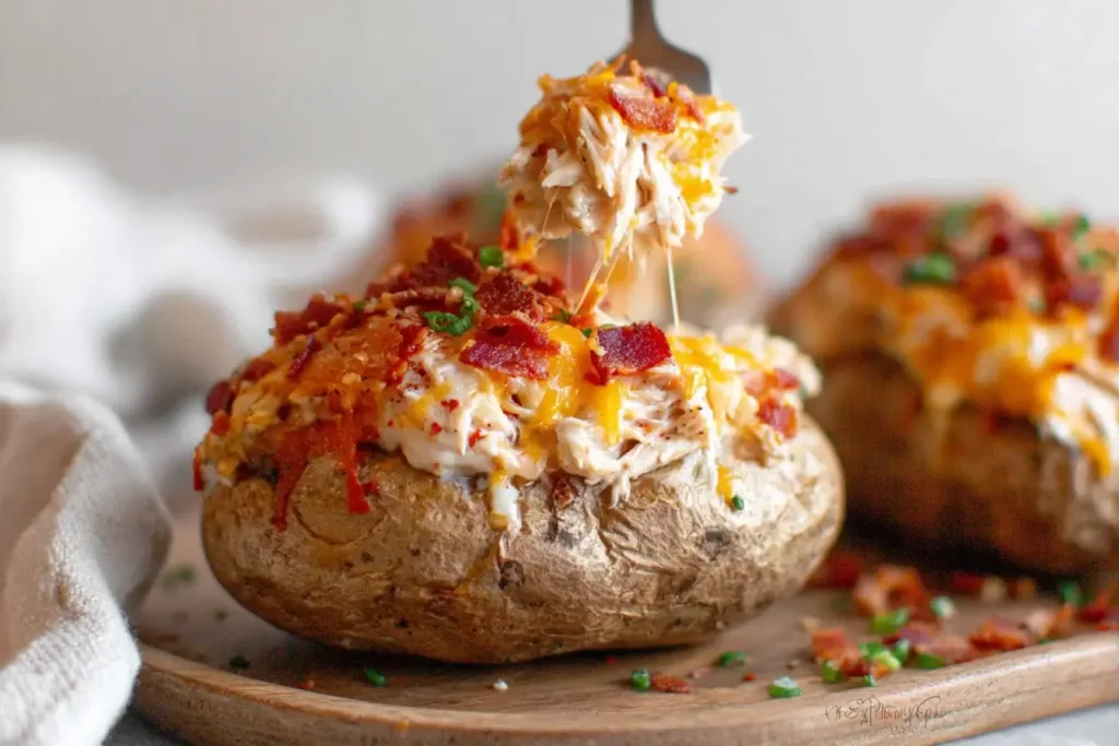 Fork lifting cheesy crack chicken from stuffed baked potato topped with bacon and chives.
