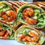 Close-up of freshly made Grilled Shrimp Caesar Wraps filled with juicy grilled shrimp, crisp romaine lettuce, and creamy Caesar dressing.