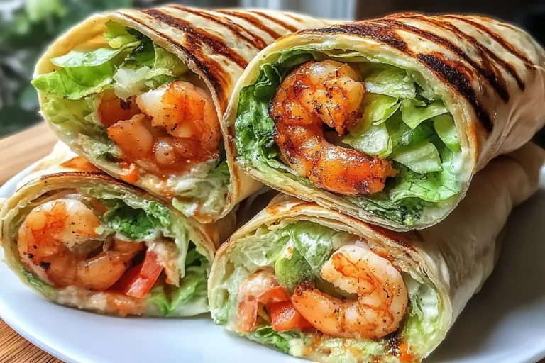 Close-up of freshly made Grilled Shrimp Caesar Wraps filled with juicy grilled shrimp, crisp romaine lettuce, and creamy Caesar dressing.