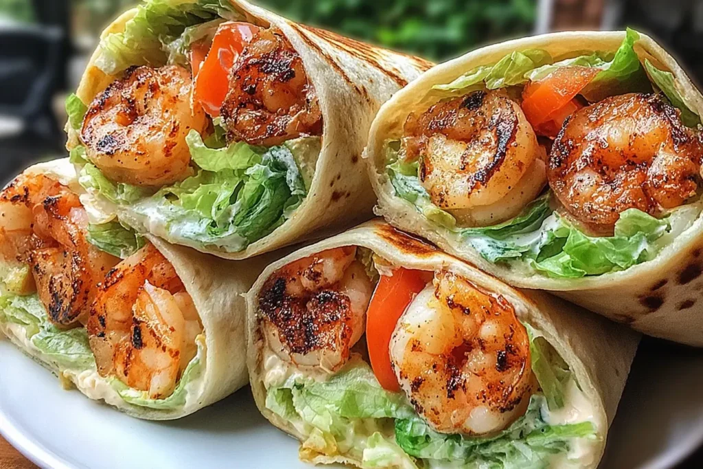 Close-up of Grilled Shrimp Caesar Wraps packed with smoky grilled shrimp, crisp romaine lettuce, fresh tomato, and creamy Caesar dressing.