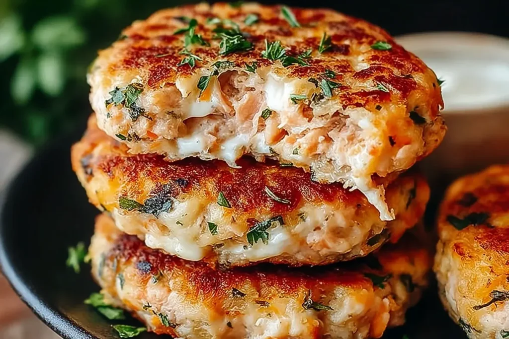 Golden and cheesy Tuna Melt Patties stacked on a plate, garnished with fresh herbs.