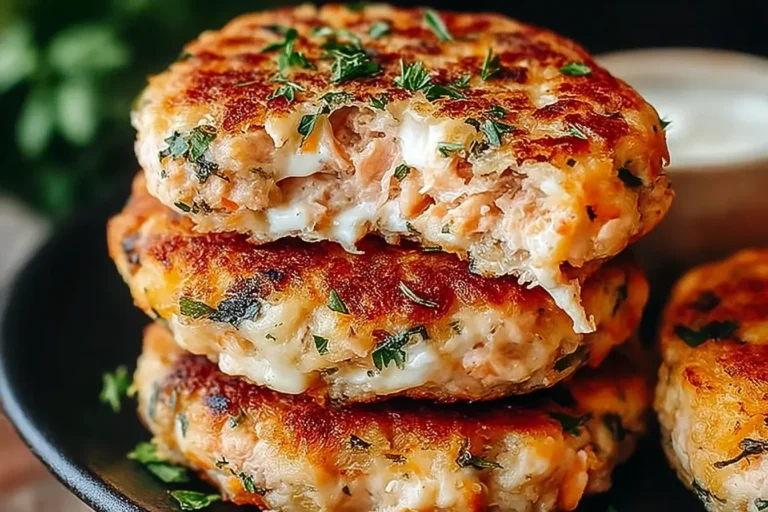 Golden and cheesy Tuna Melt Patties stacked on a plate, garnished with fresh herbs.