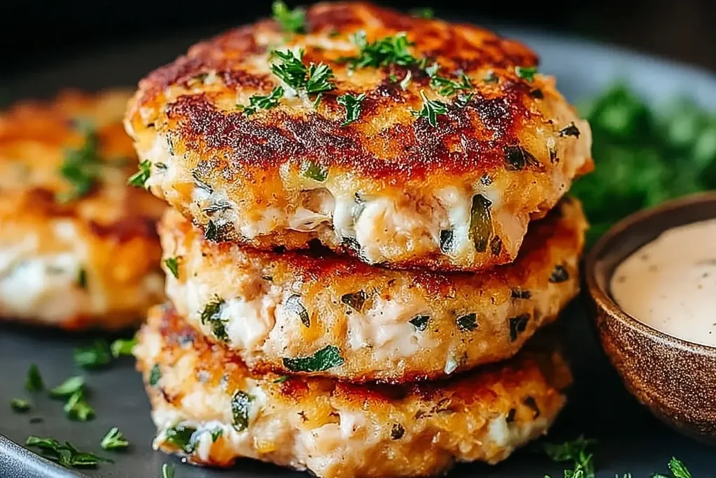 Stack of golden Tuna Melt Patties with herbs and melted cheese, served with dipping sauce.