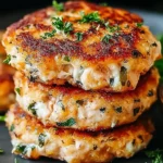 Stack of golden Tuna Melt Patties with herbs and melted cheese, served with dipping sauce.