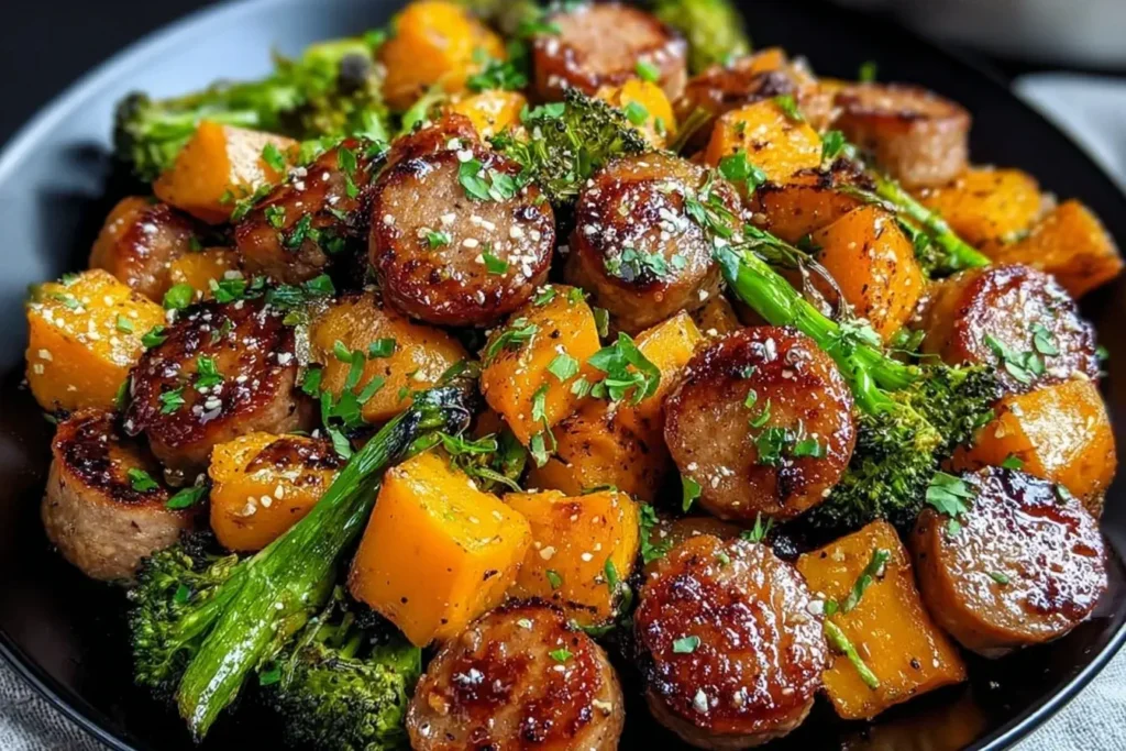 Sheet pan sausage and sweet potatoes with honey garlic sauce, garnished with parsley and served with roasted broccoli on a black plate.