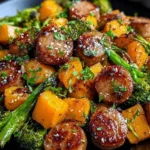 Sheet pan sausage and sweet potatoes with honey garlic sauce, garnished with parsley and served with roasted broccoli on a black plate.