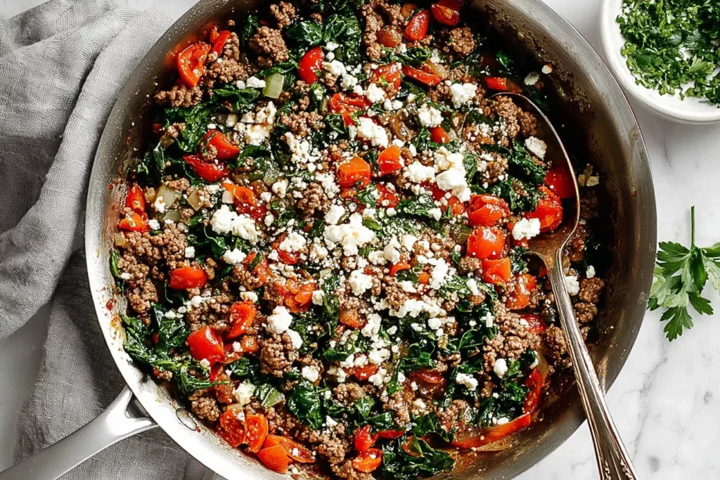 Mediterranean Ground Beef Stir-Fry with spinach, cherry tomatoes, and feta cheese served in a skillet.