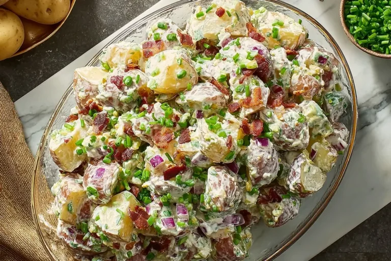 Creamy steakhouse potato salad with bacon, red onion, and chives served in a large glass bowl.