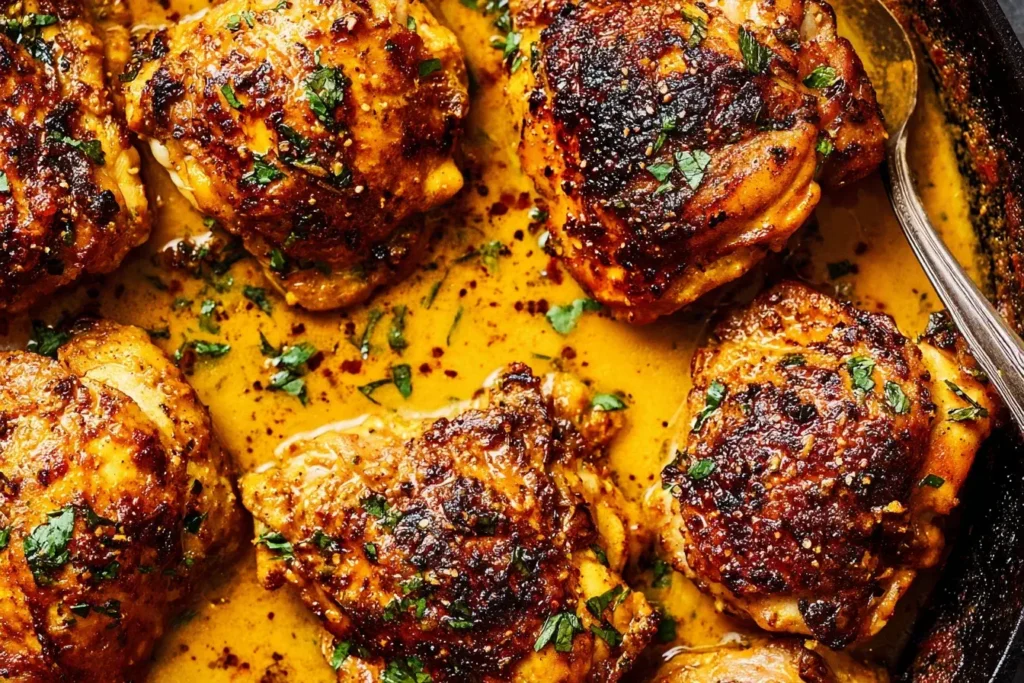 Close-up of crispy Nigella Lawson Chicken Thighs in golden creamy sauce, garnished with fresh herbs.