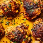 Close-up of crispy Nigella Lawson Chicken Thighs in golden creamy sauce, garnished with fresh herbs.
